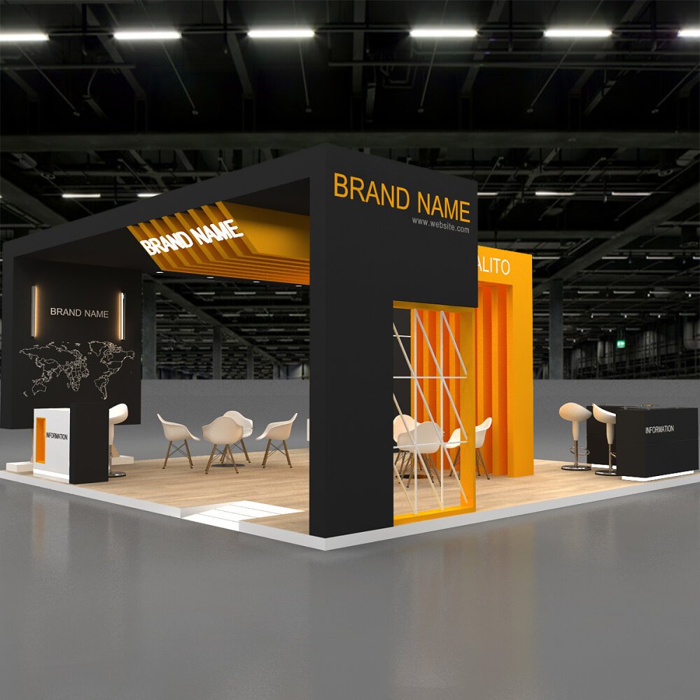 Branded exhibition stands under a trade show roof